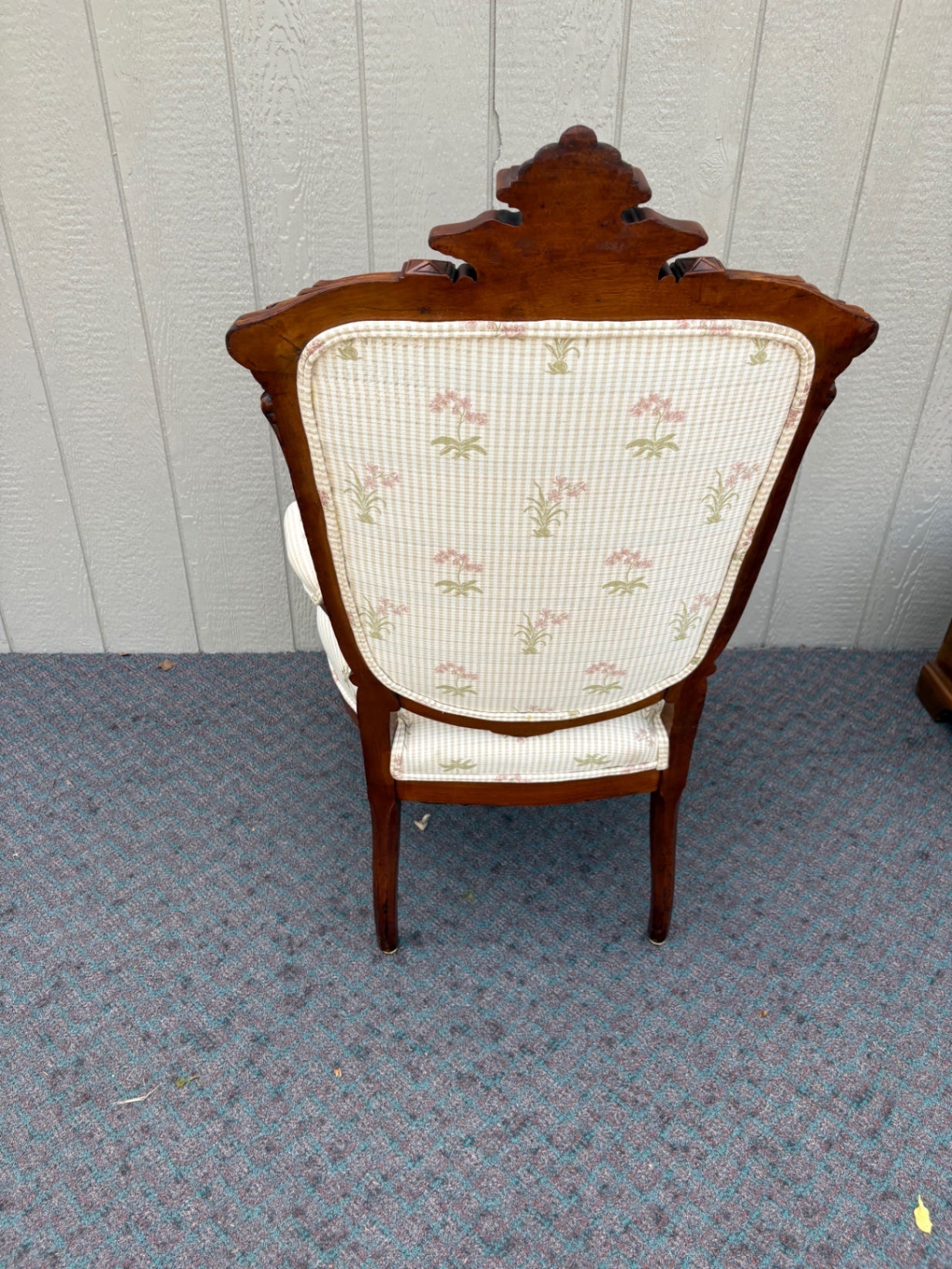 67903 Victorian Armchair with Carved Wood and Floral Upholstery