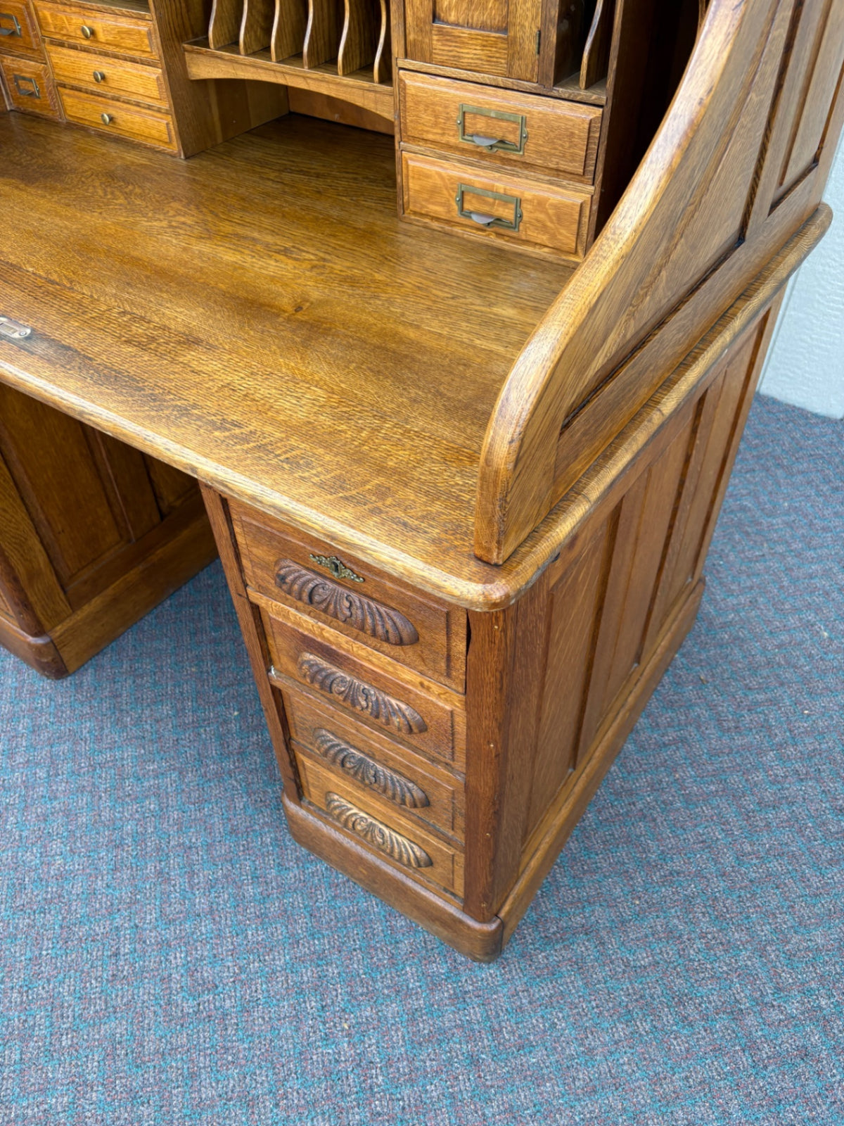 68012 Antique Oak Roll Top Desk with Brass Hardware and Storage
