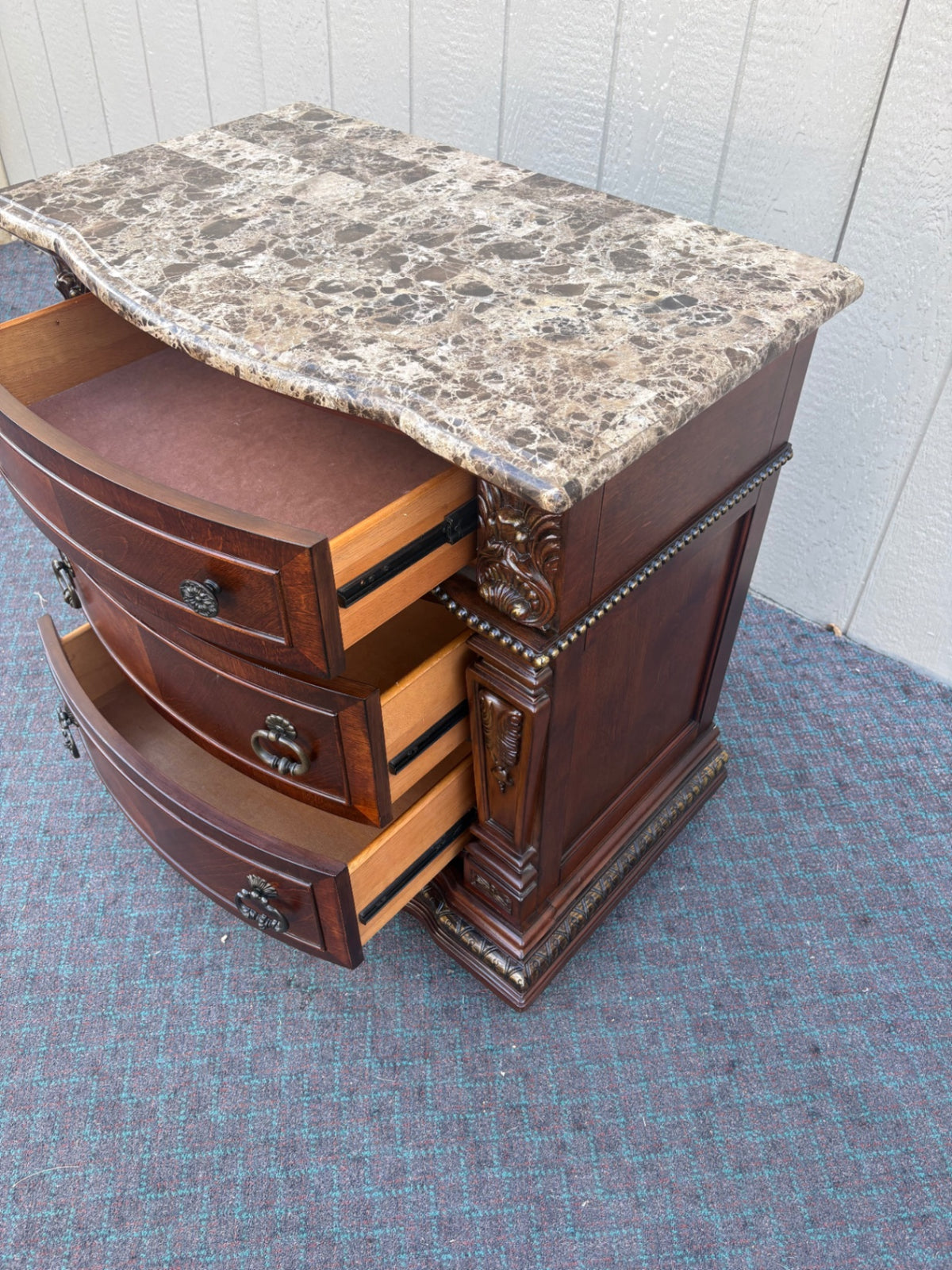 Elegant Marble Top Chest with Carved Wood Detail, 2015
