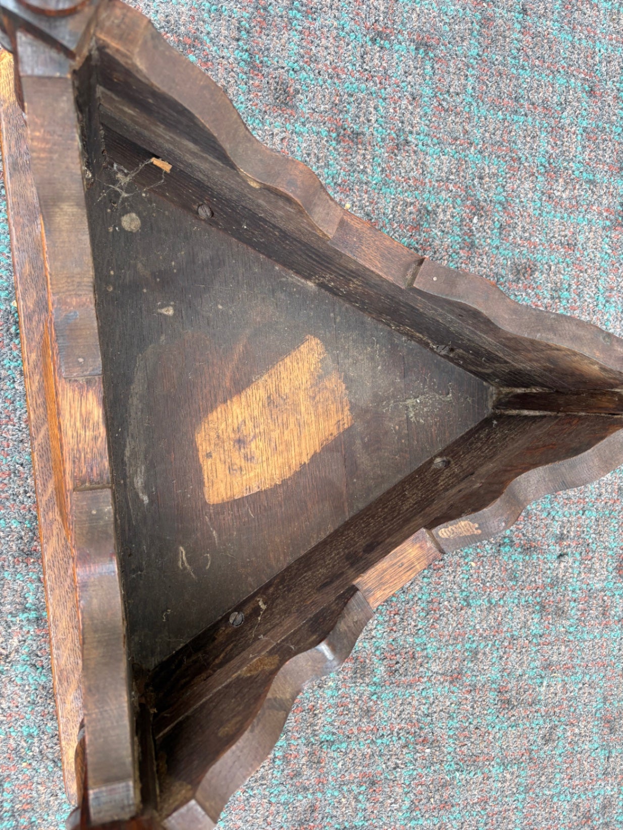 67954 Antique Oak Triangle Side Table with Turned Legs and Carved Details