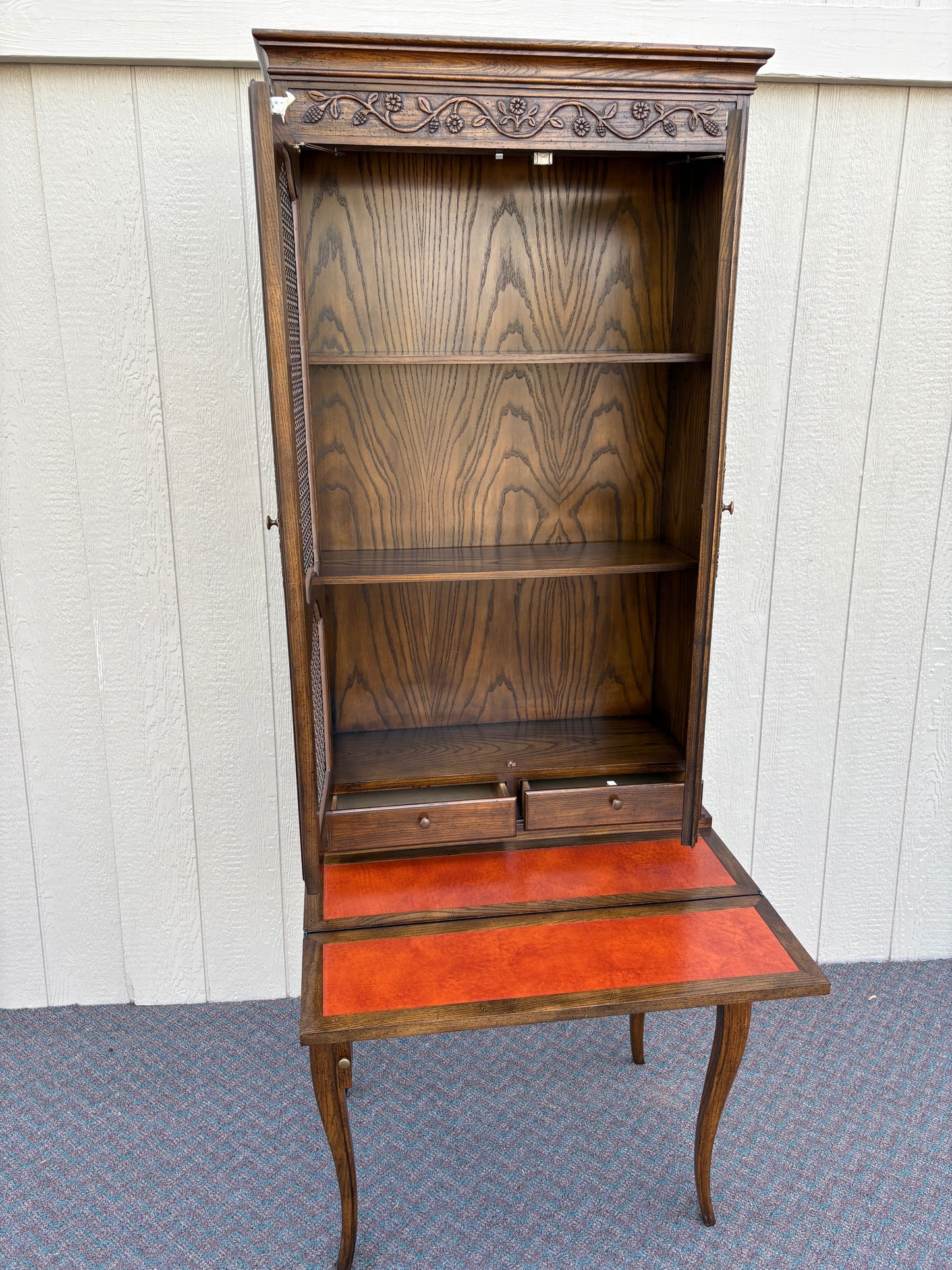 67743 Baker French Provincial Secretary Desk with Hutch, Wood and Leather