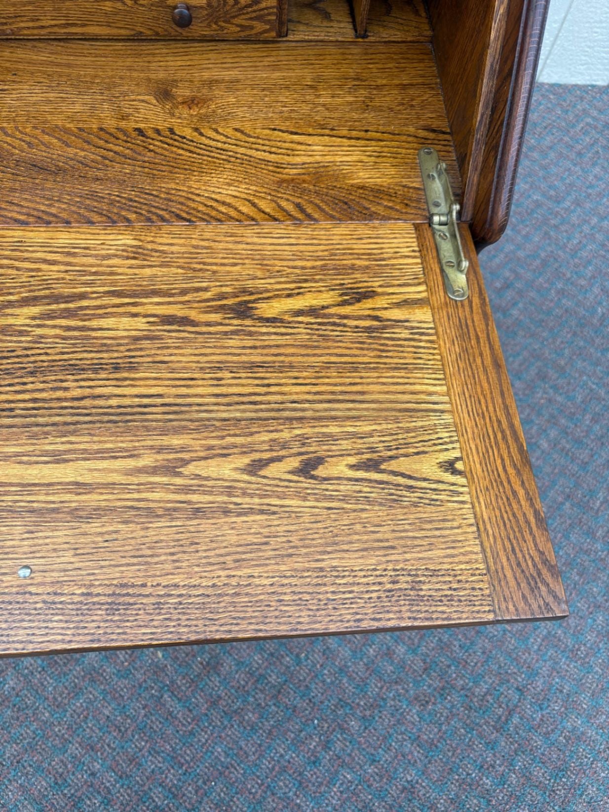 67561 Antique Oak Slant Front Desk with Mirror and Carved Details