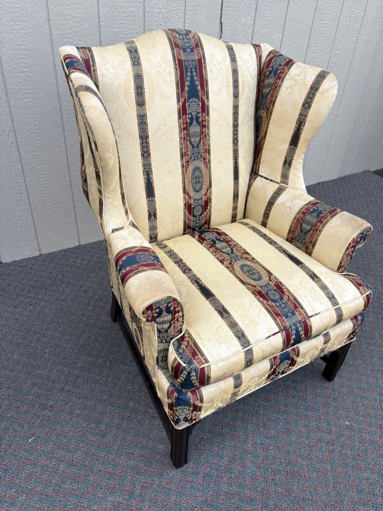 67518  Elegant Chippendale Wing Chair with Striped Upholstery