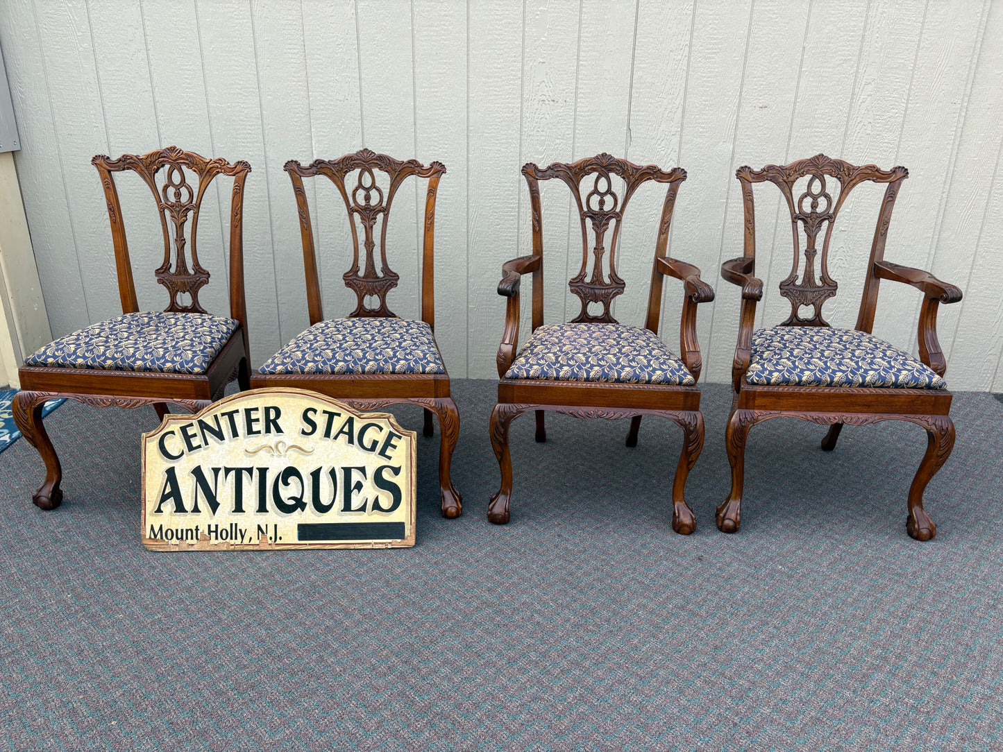 Set of 4 Chippendale Style Mahogany Dining Chairs with Upholstered Seats