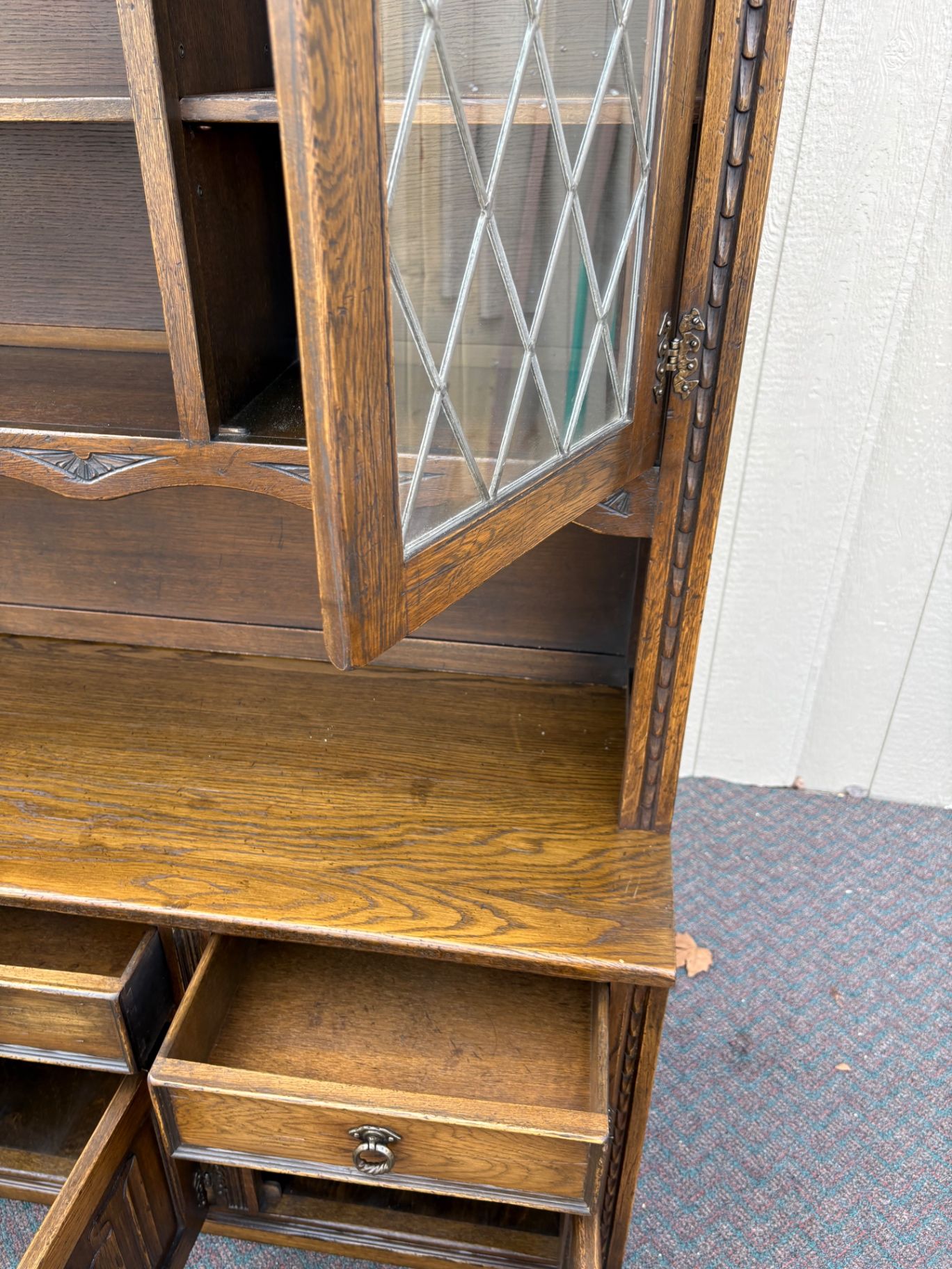 67409 Vintage Oak Bookcase Cabinet with Glass Doors and Shelves