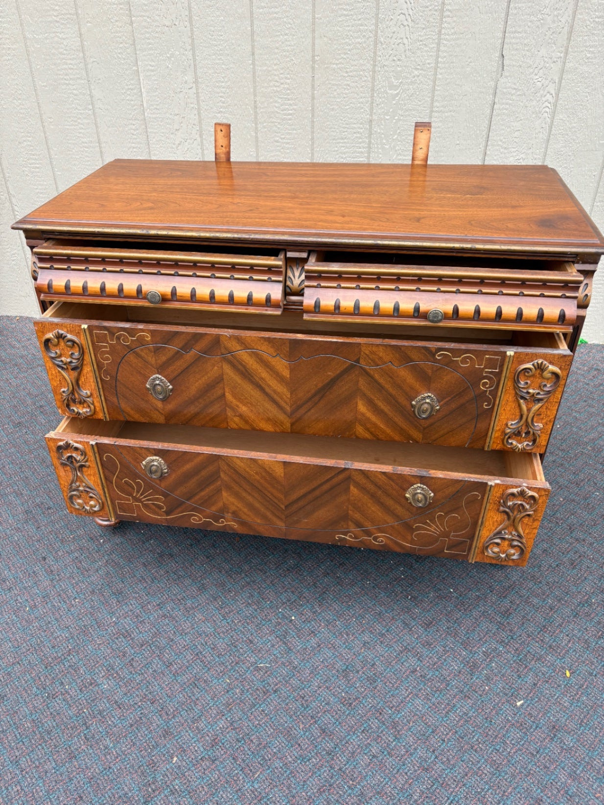67897  Art Deco Dresser with Ornate Mirror and Intricate Carvings