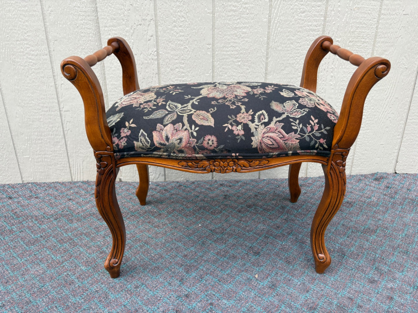 68098 Vintage Carved Wood Window Bench with Floral Upholstery