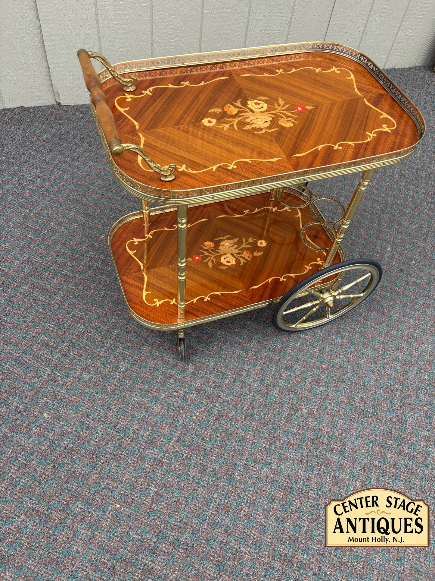 67707 Italian Mid-Century Inlaid Wood and Brass Bar Cart with Floral Motif