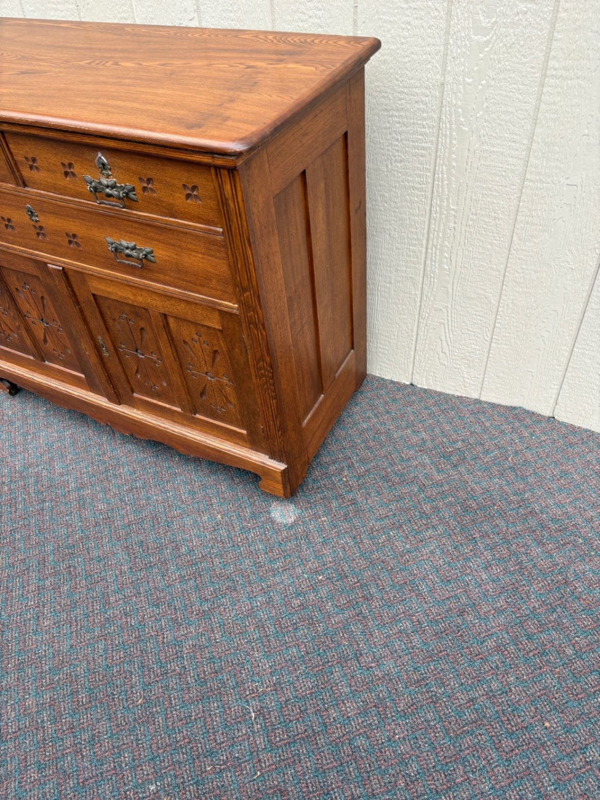 67625  Victorian Oak Buffet Server with Carved Details and Brass Hardware
