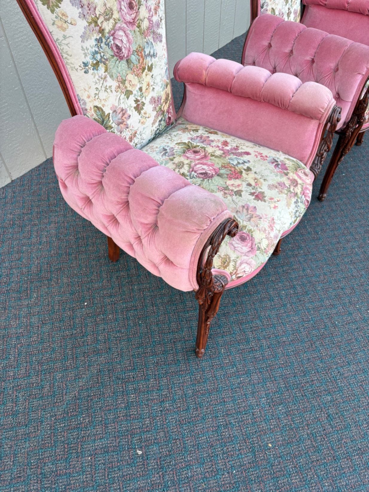 67494  Pair of Decorator Revival Armchairs with Floral Upholstery Seat 20"H