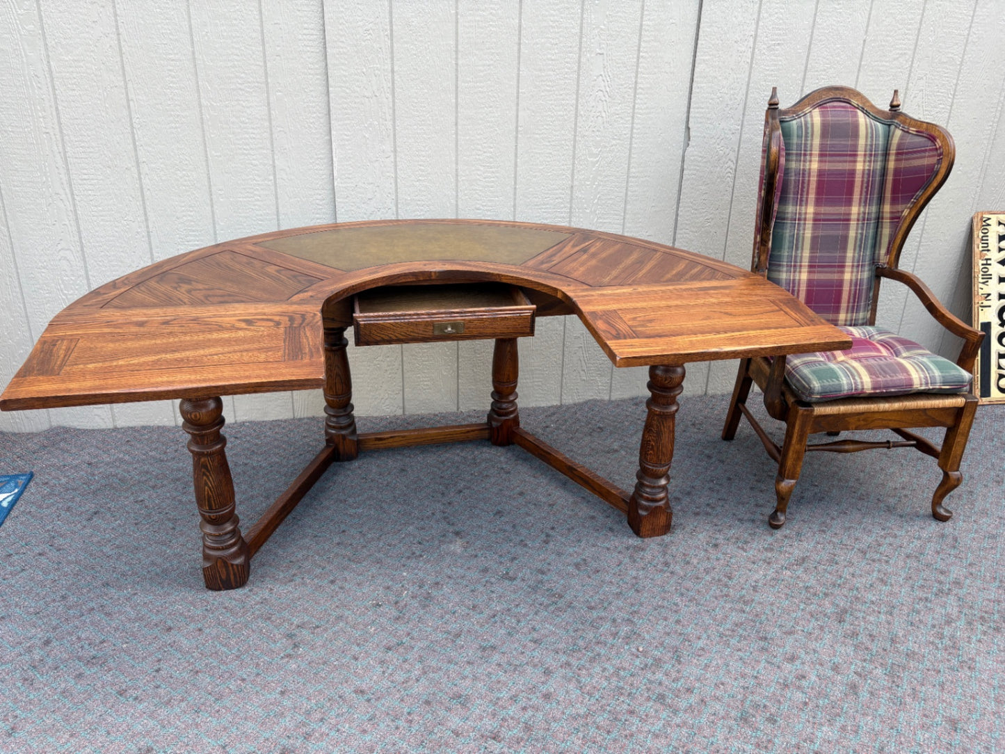 67998 Vintage Oak Kidney Desk with Plaid Upholstered Chair Set