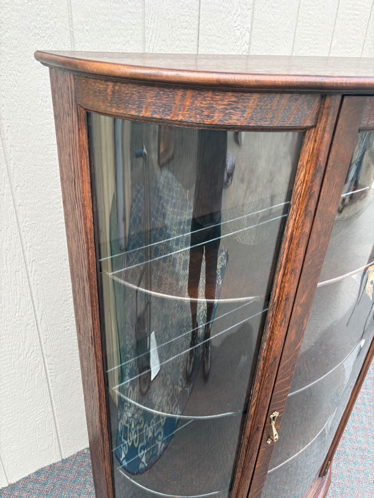 67680  Antique Bowed Oak China Cabinet with Glass Door Display