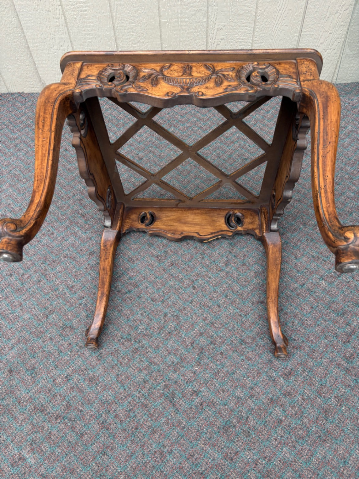 67879 Vintage French Provincial Glass Top End Table with Carved Details