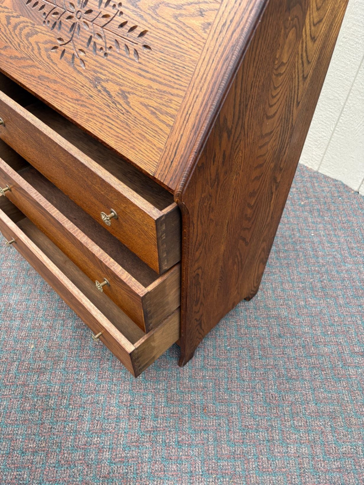 67561 Antique Oak Slant Front Desk with Mirror and Carved Details