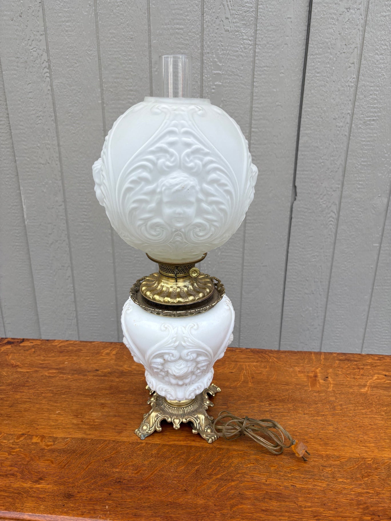 67961  Victorian Cherub Glass Lamp with Brass Base, 27 Inches Tall
