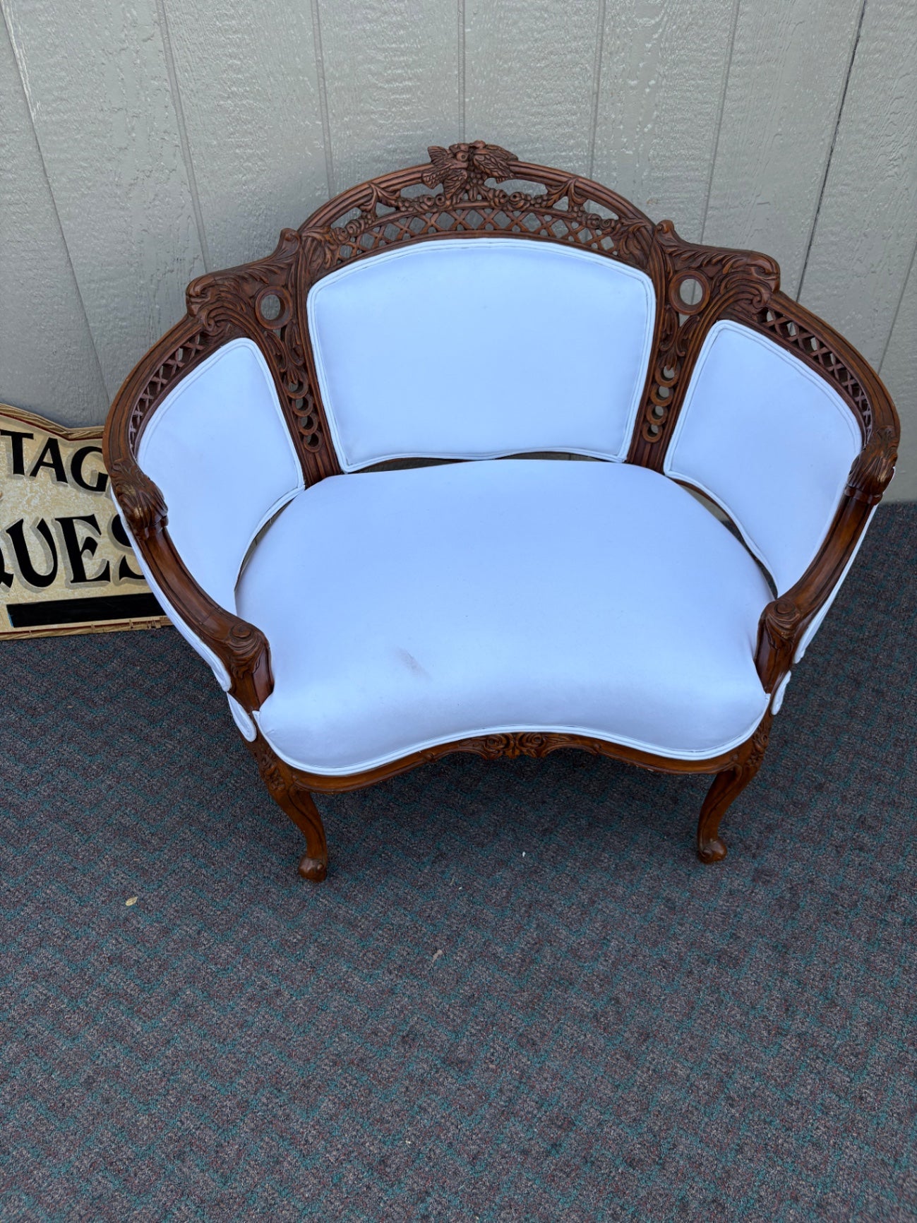 67850 Victorian Carved Wood Settee with Bird Motif and Upholstery