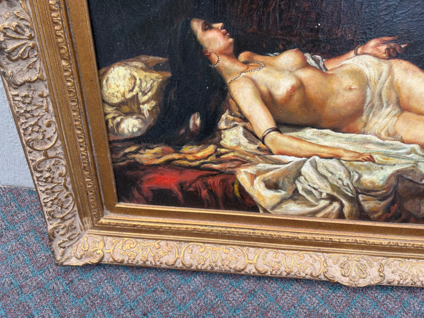 68039 Large 19th Century Classical Nude Oil Painting in Ornate Frame