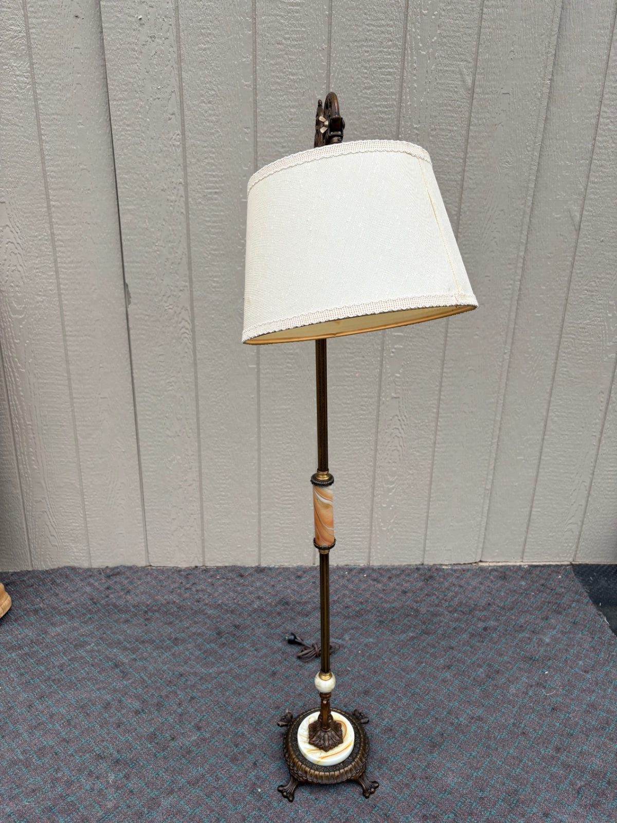 68157 Vintage Onyx and Brass Floor Lamp with Ornate Detailing
