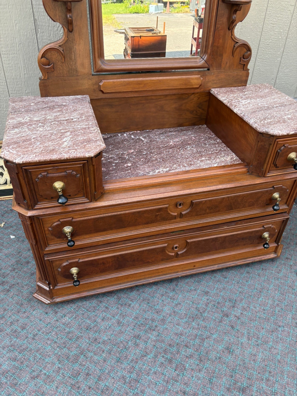 68016 Victorian Marble Top Dresser with Ornate Mirror and Drawers