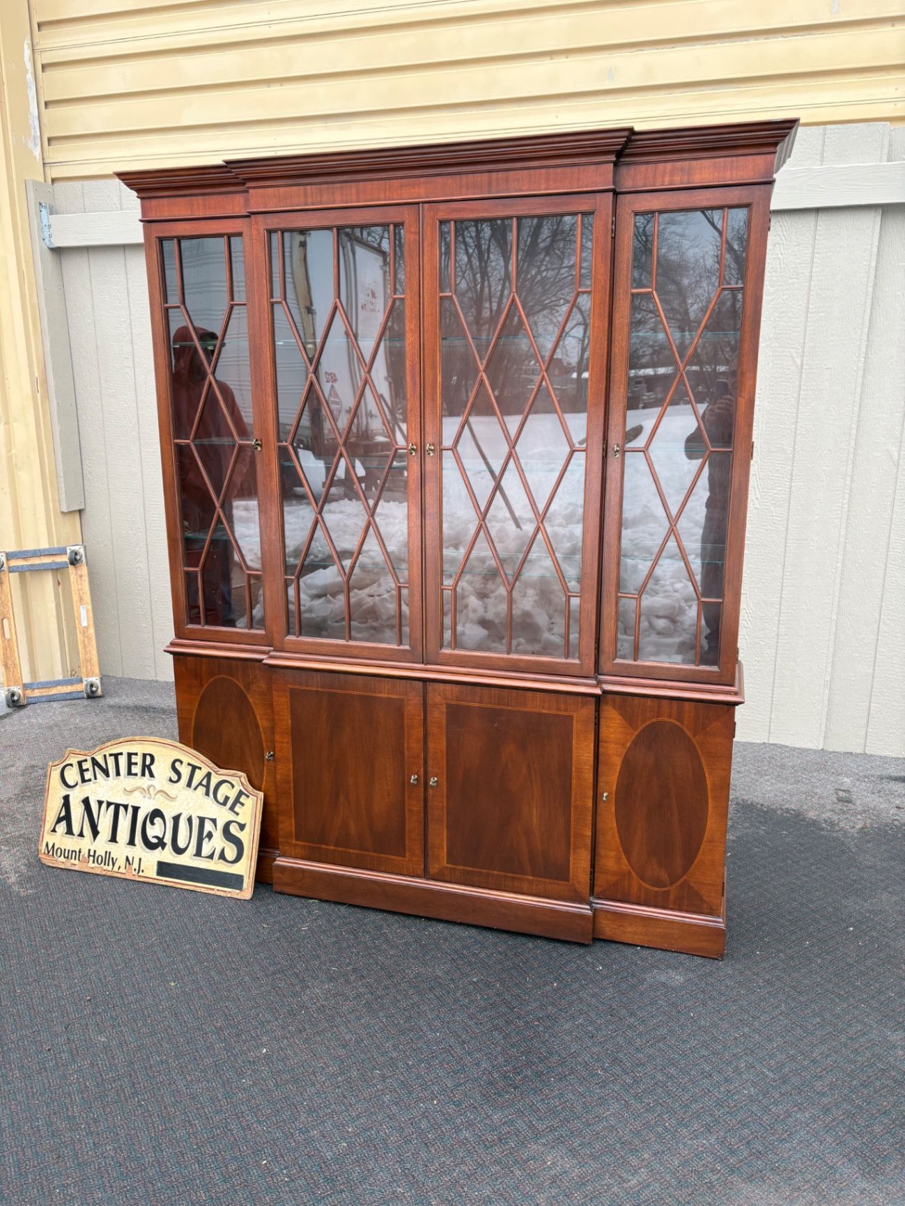 Baker Mahogany Breakfront China Cabinet with Glass Doors