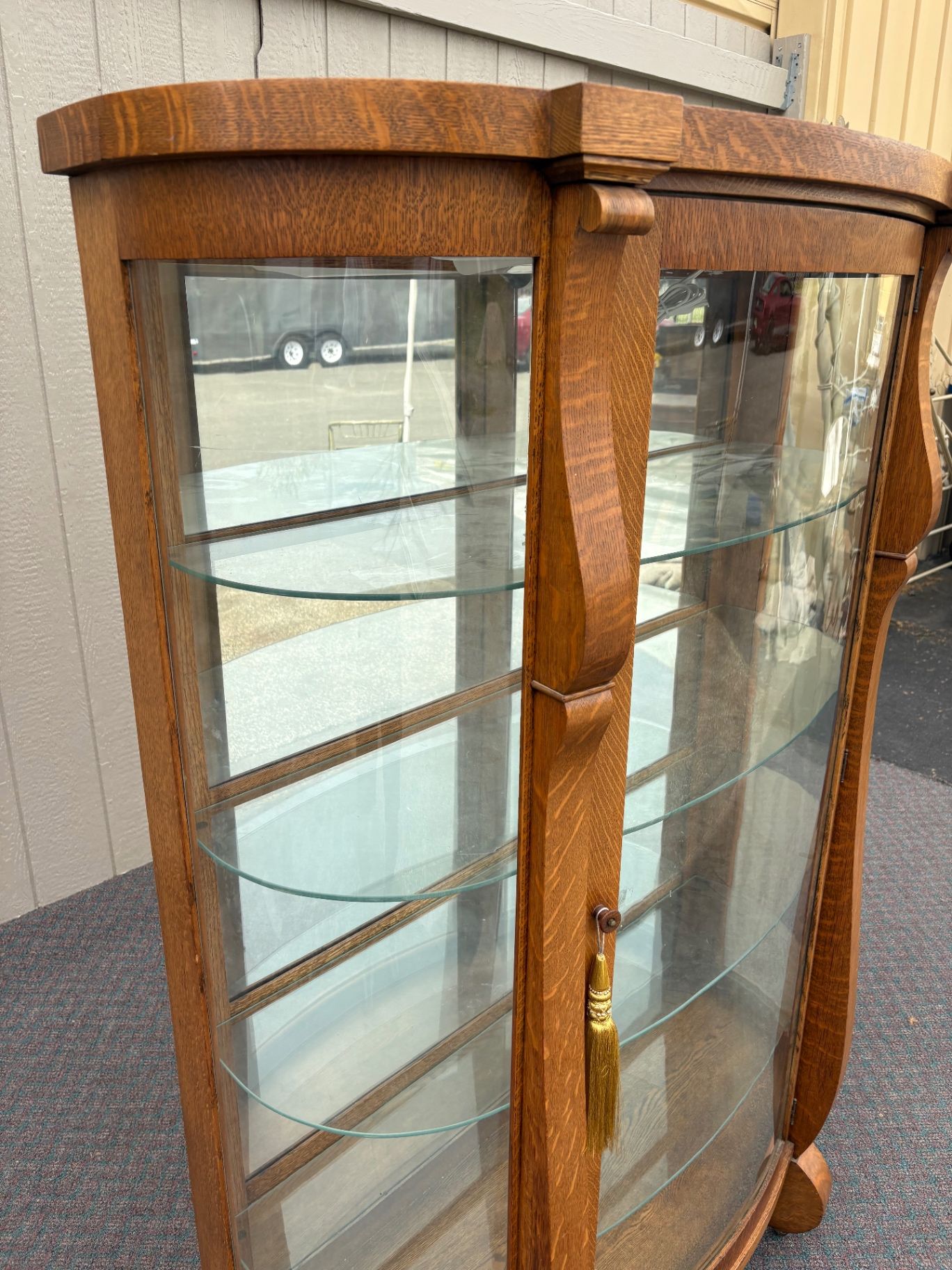 67676 Antique Oak Empire Curved Glass China Cabinet with Shelves