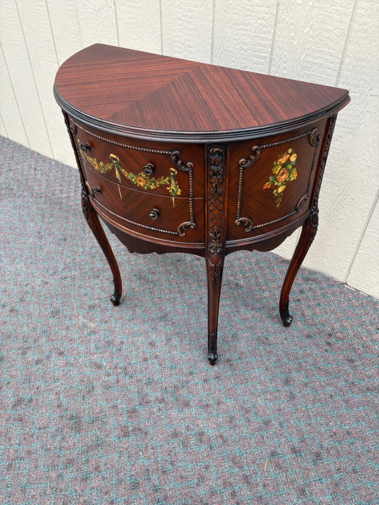 67966 Hand-Painted Demilune Chest with Floral Accents, Mahogany Finish