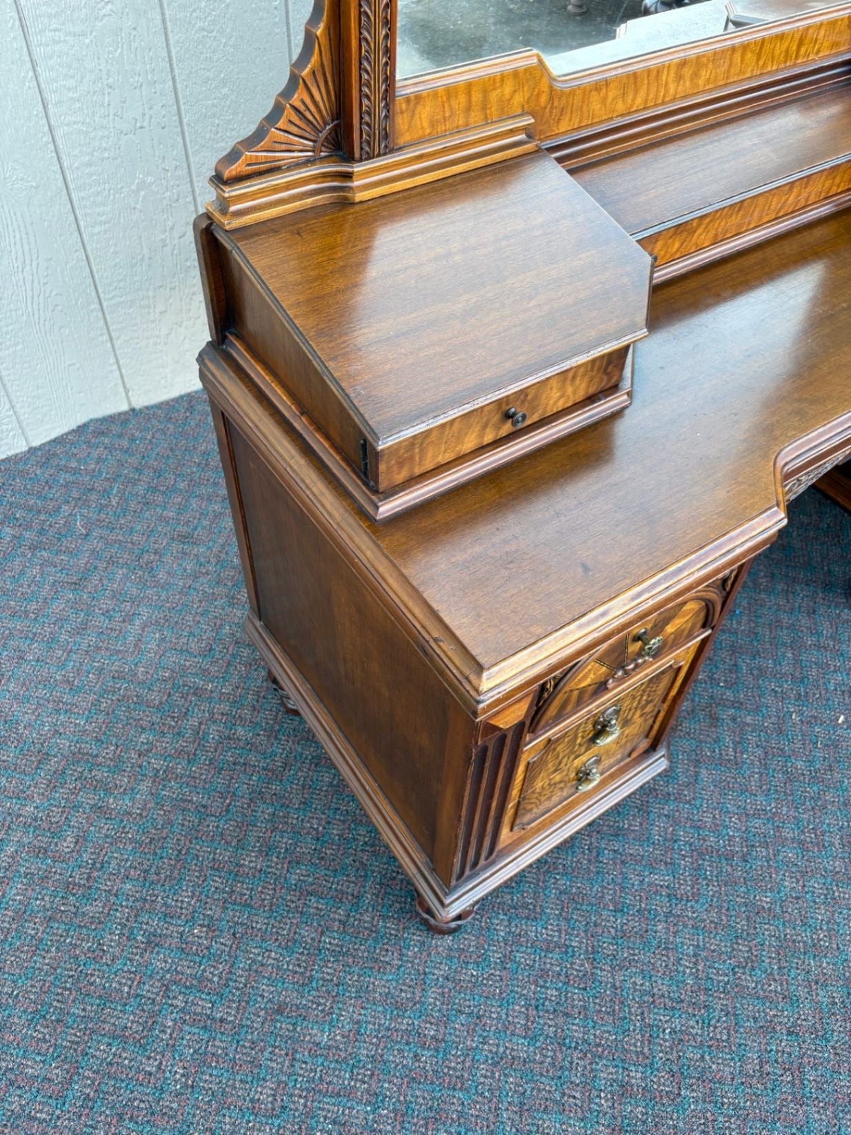 67476  Antique Walnut Vanity with Mirror, Ornate Carving and Drawers