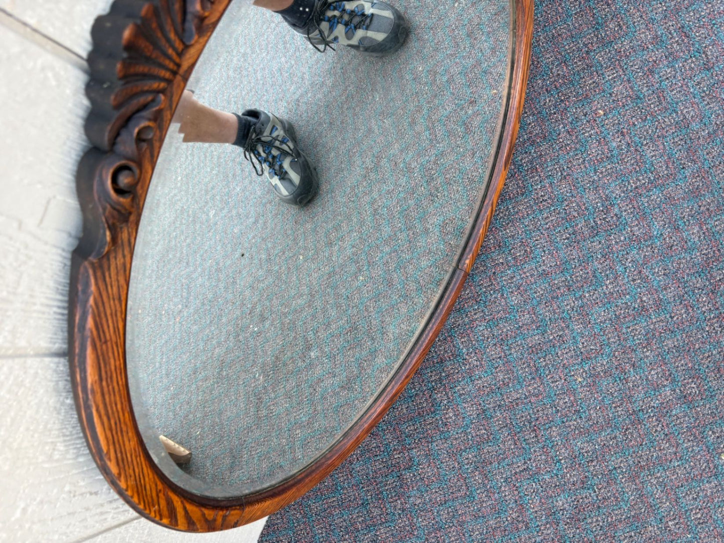 67652 Antique Victorian Oval Oak Beveled Wall Mirror with Carved Detail