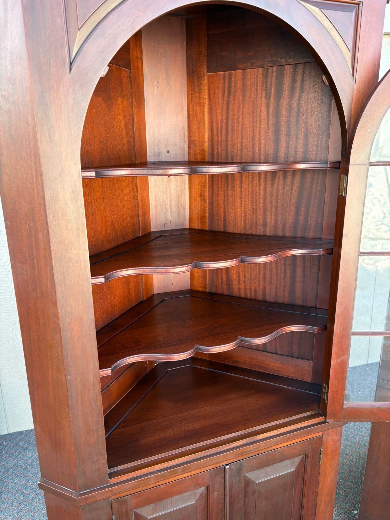 67464  Pair of Biggs Mahogany Corner Cabinets with Glass Doors