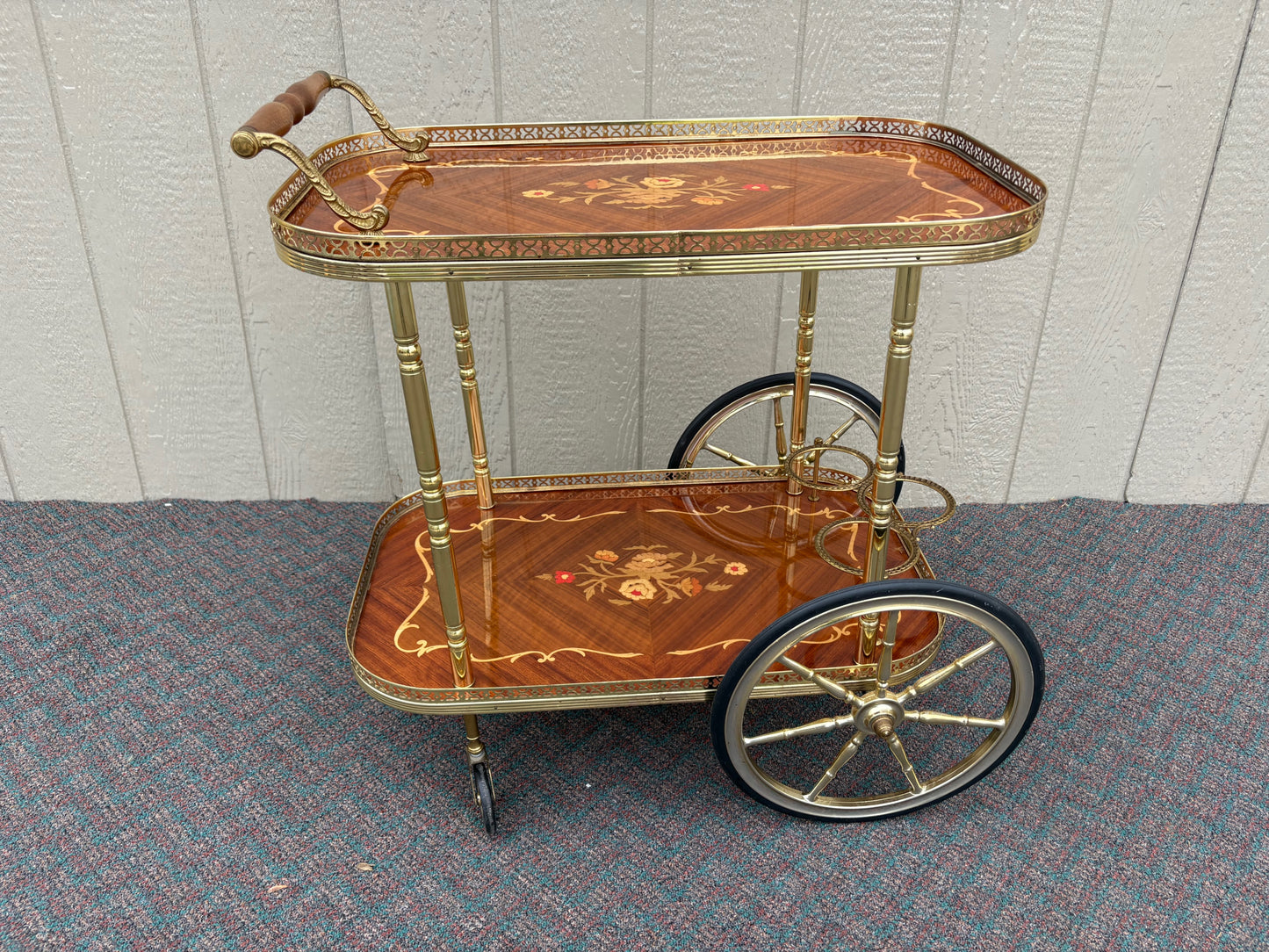 67707 Italian Mid-Century Inlaid Wood and Brass Bar Cart with Floral Motif