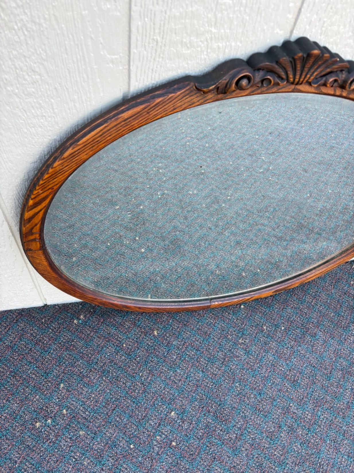67652 Antique Victorian Oval Oak Beveled Wall Mirror with Carved Detail