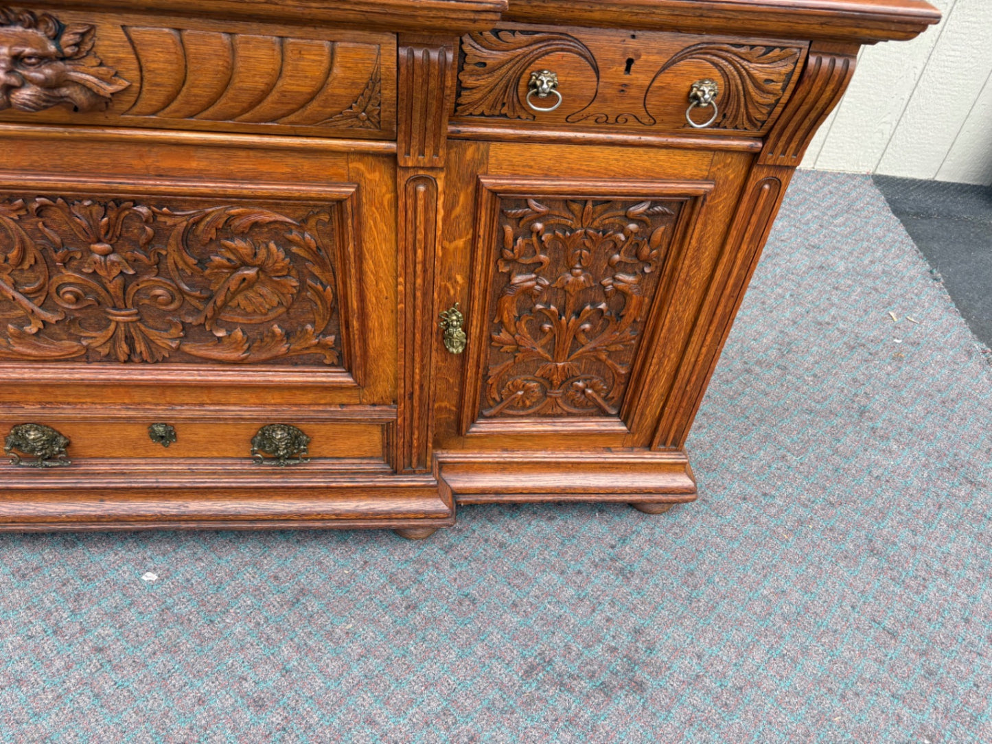 67852  Ornate Victorian Oak Buffet with Mirror and Carved Details
