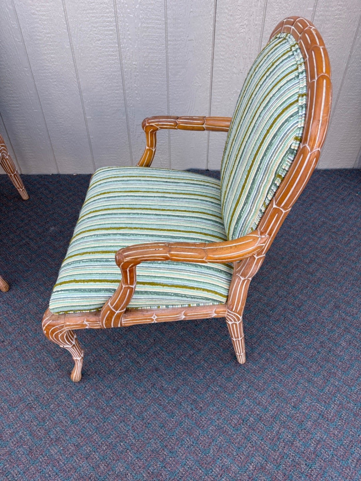 67613  Pair of Vintage Rattan Armchairs with Striped Upholstery