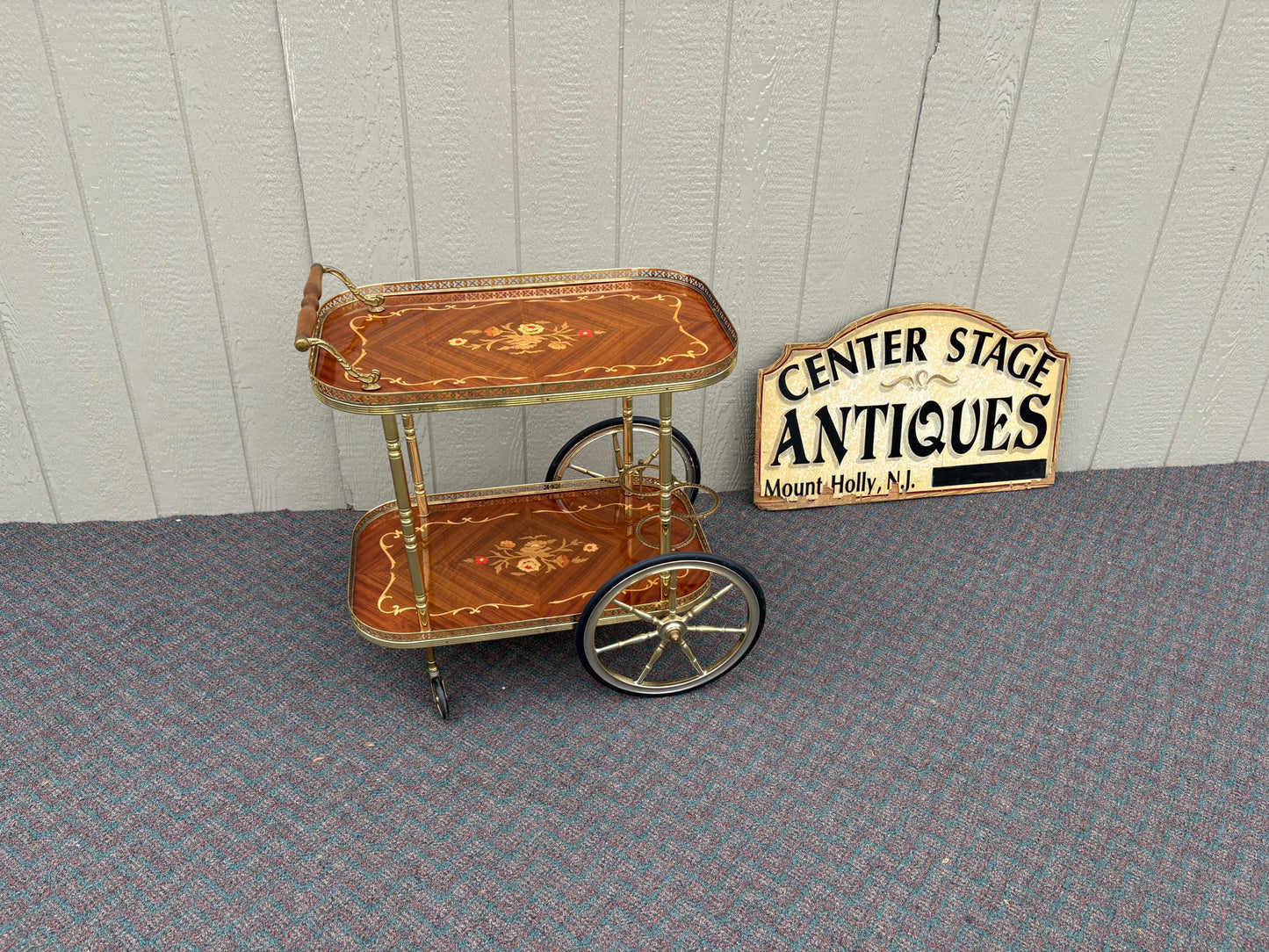 67707 Italian Mid-Century Inlaid Wood and Brass Bar Cart with Floral Motif