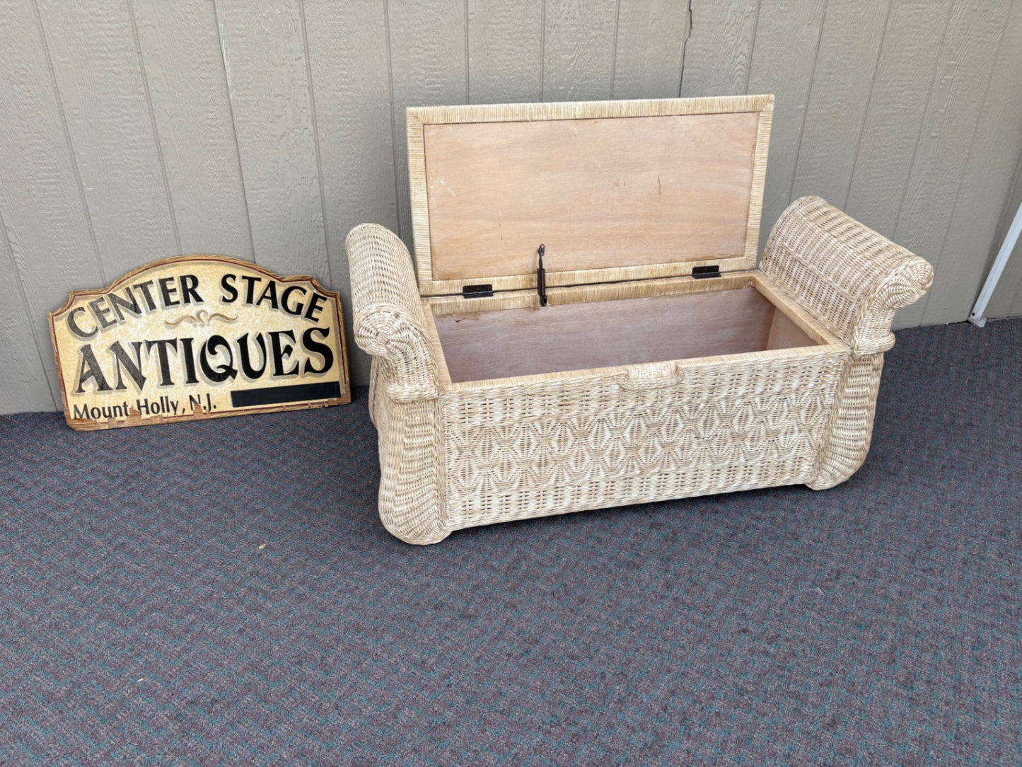 67851 Vintage Wicker Storage Trunk with Rolled Arms and Hinged Lid