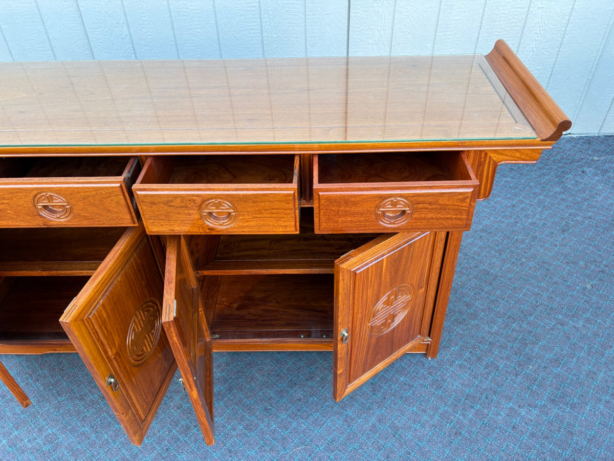 Mid-Century Oriental Sideboard with Glass Top and Carved Details