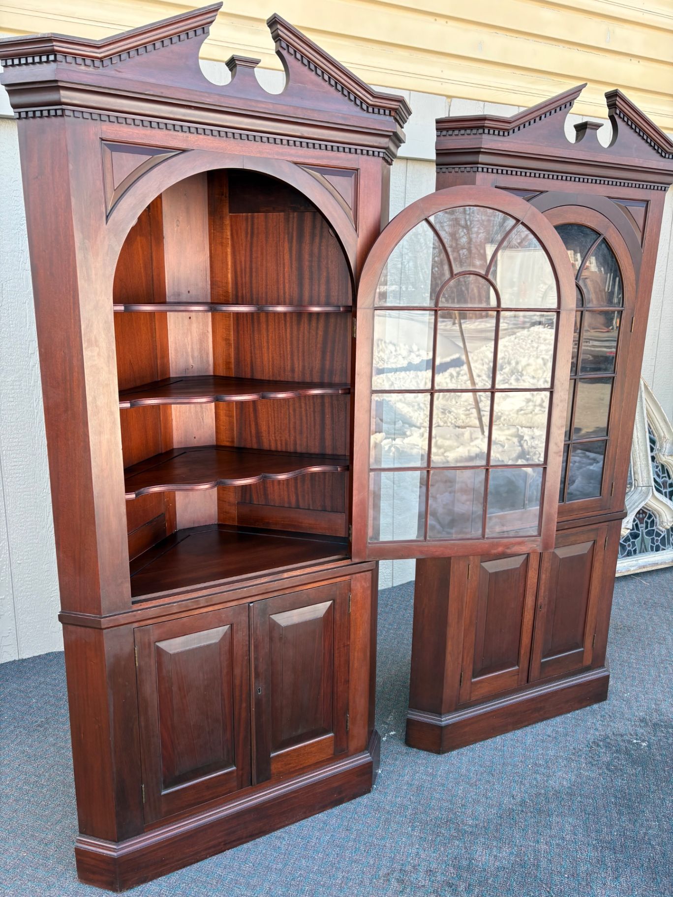 67464  Pair of Biggs Mahogany Corner Cabinets with Glass Doors
