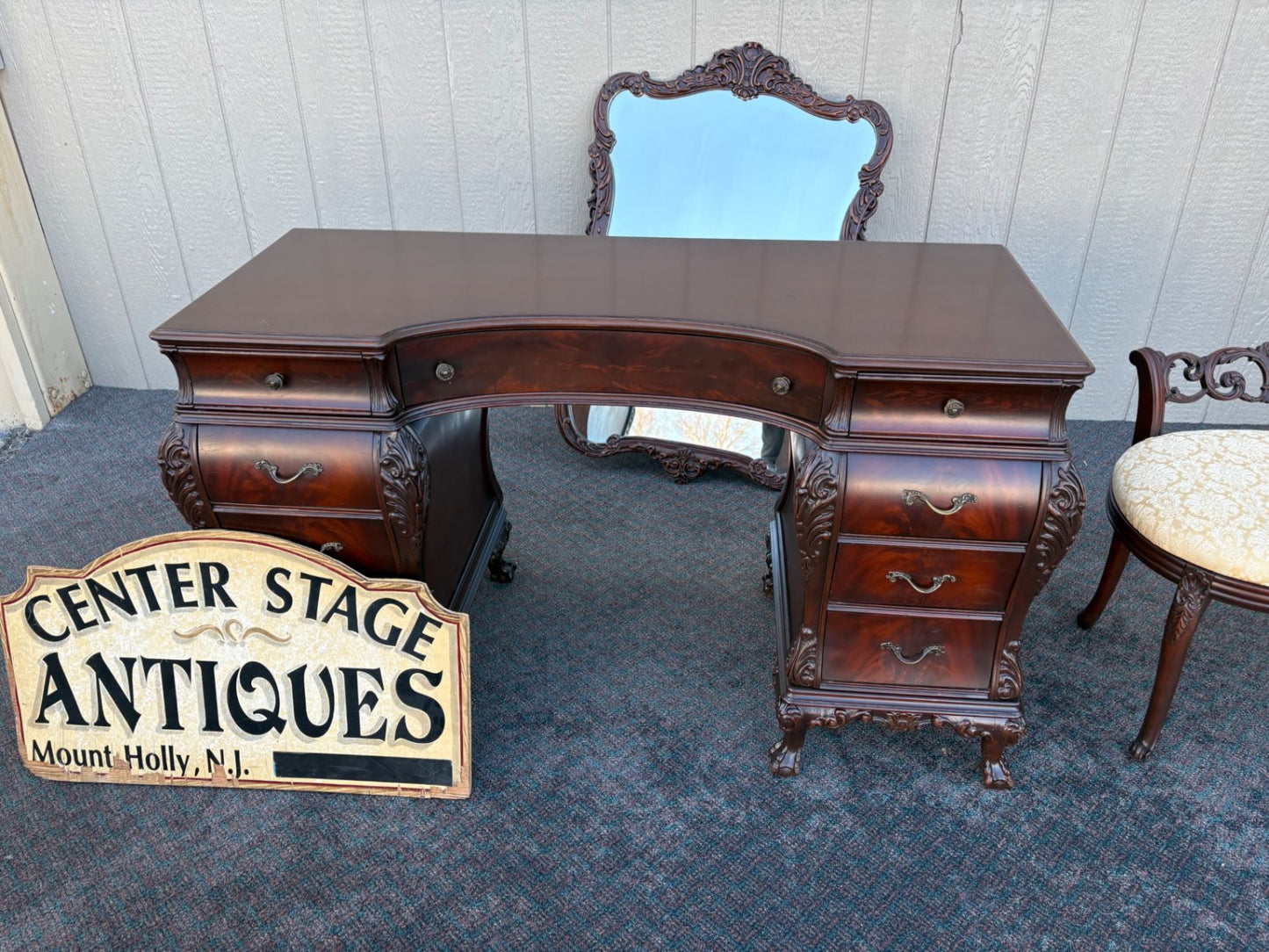 Ornate Mahogany Vanity Set with Mirror and Upholstered Bench