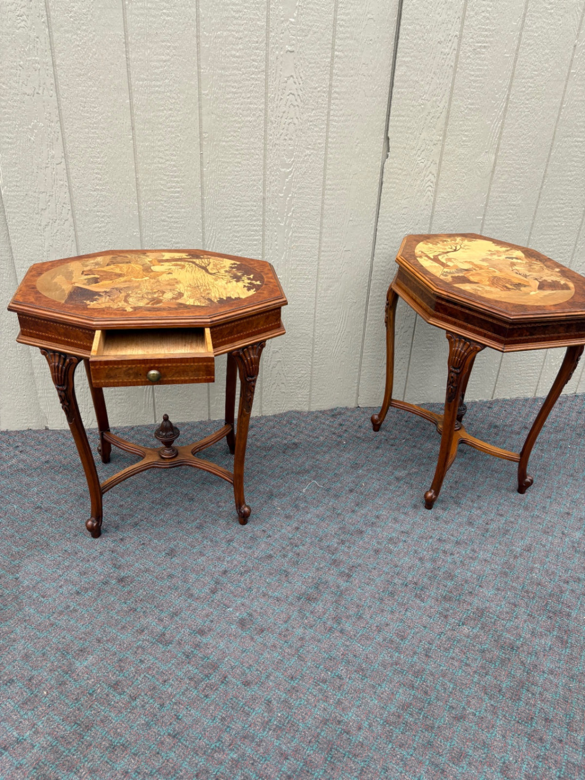 68062 Pair of Inlaid Octagonal Side Tables with Marquetry Scenes