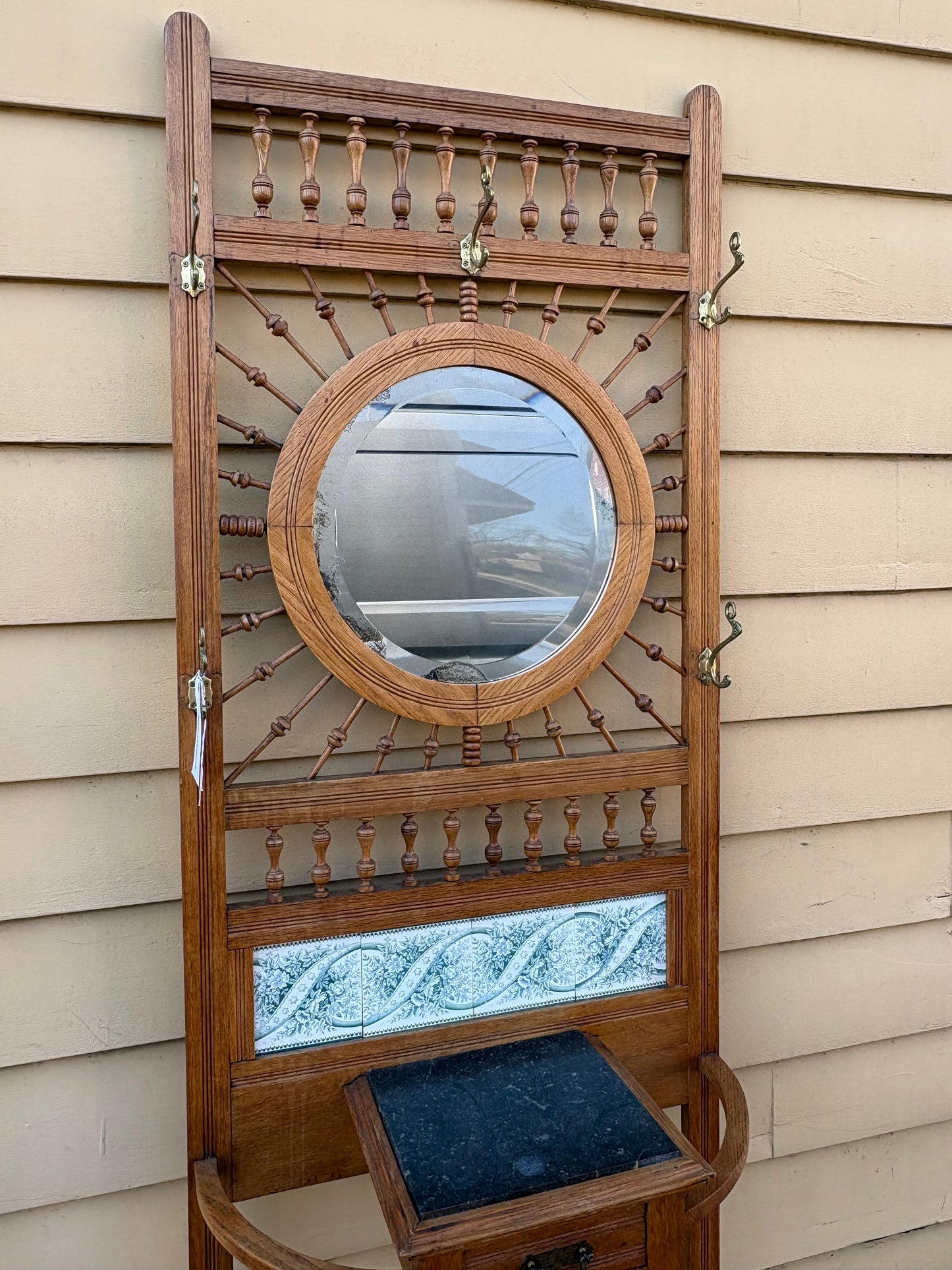 67781 Victorian Oak Hall Tree with Mirror and Marble Top Stand