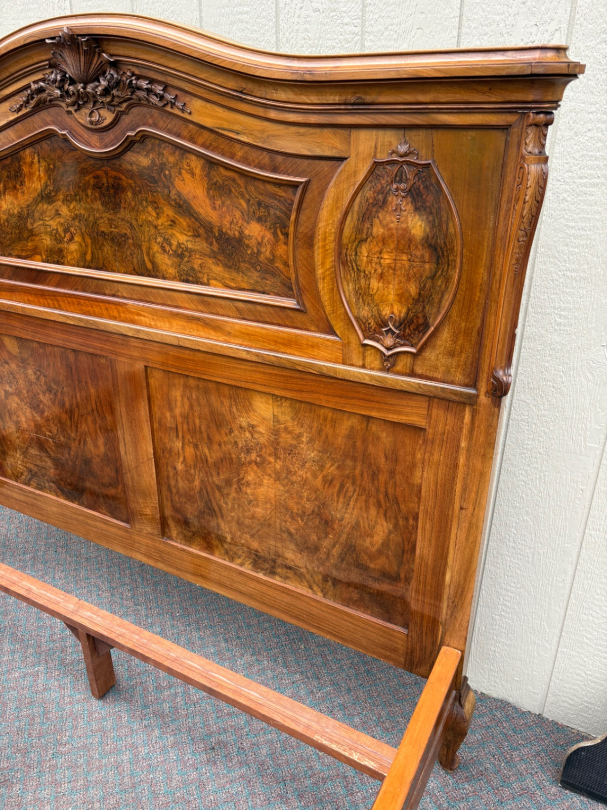 Antique French Queen Bed with Burl Walnut Panels and Carvings
