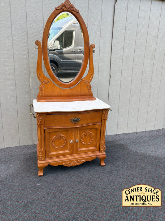 68186 Vintage Stanley Oak Washstand with Marble Top and Mirror