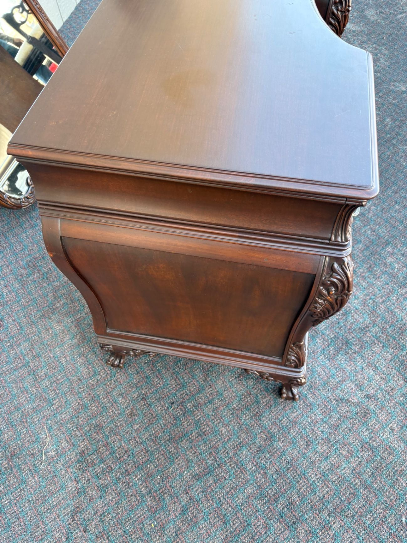 Ornate Mahogany Vanity Set with Mirror and Upholstered Bench
