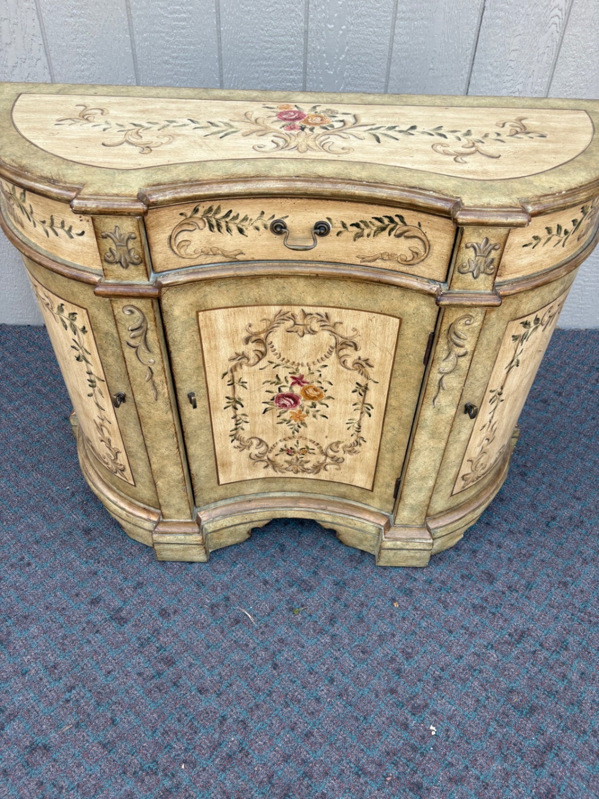 67889  Hand-Painted Floral Demilune Cabinet with Distressed Finish