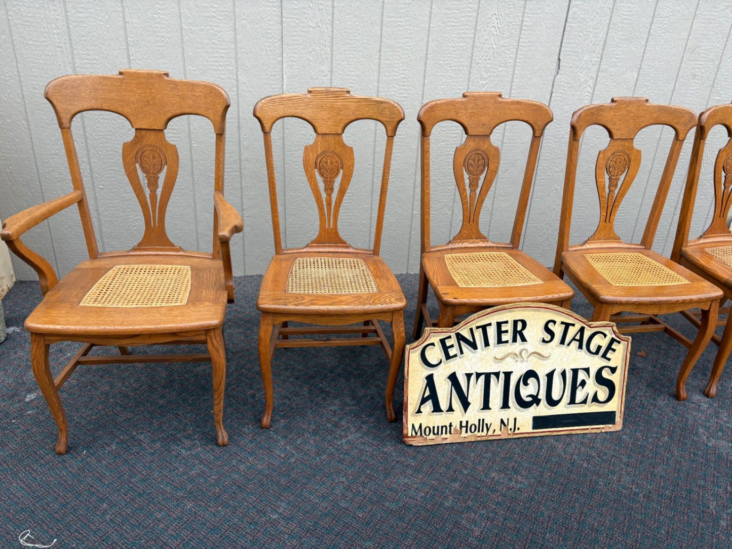 67360 Set of 6 Oak Dining Chairs, Queen Anne Style with Cane Seats