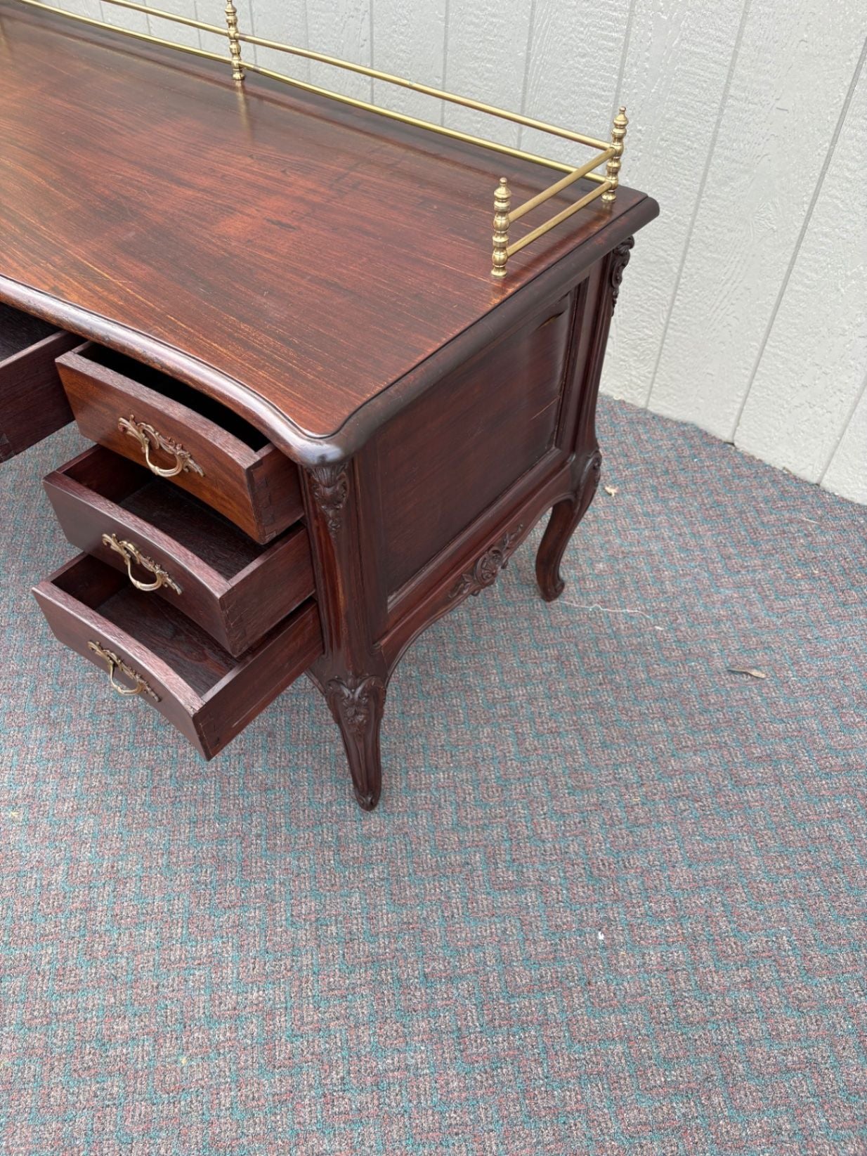 67605 Elegant French Louis XV Style Mahogany Writing Desk with Brass Rail