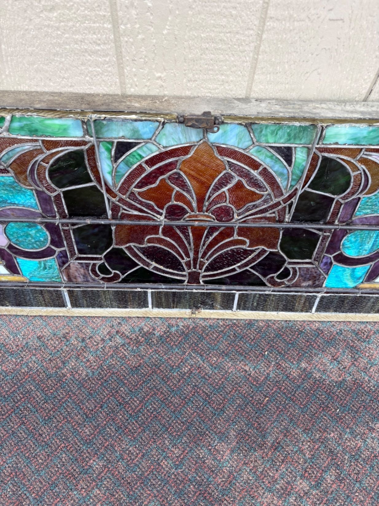 67487 Antique Art Nouveau Stained Glass Window with Floral Motif