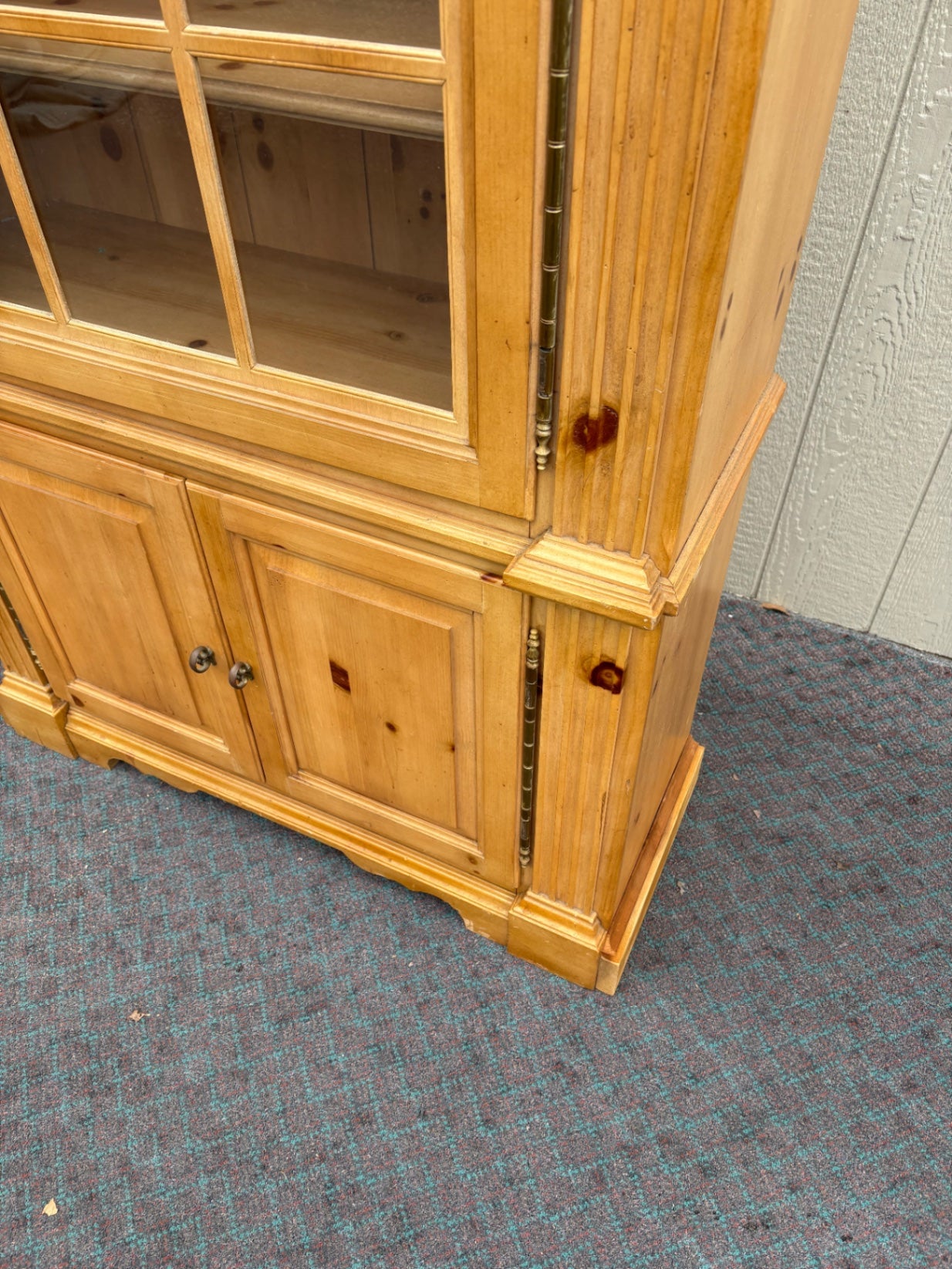 67671  Antique Pine Curio Bookcase with Glass Doors and Cabinet