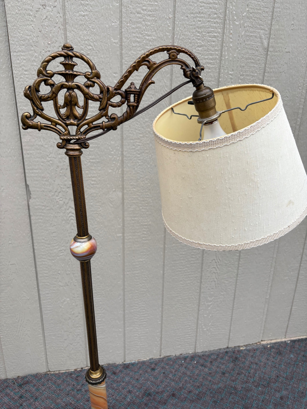 68157 Vintage Onyx and Brass Floor Lamp with Ornate Detailing