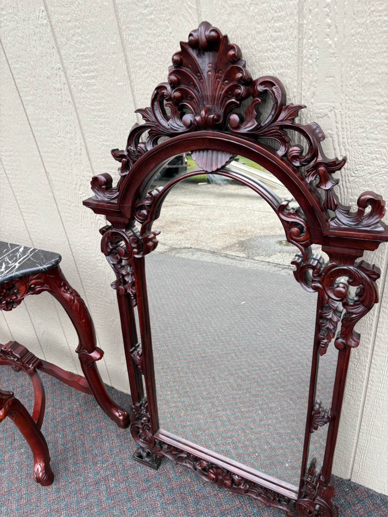 67705 Victorian Style Carved Console Table and Mirror Set with Marble Top